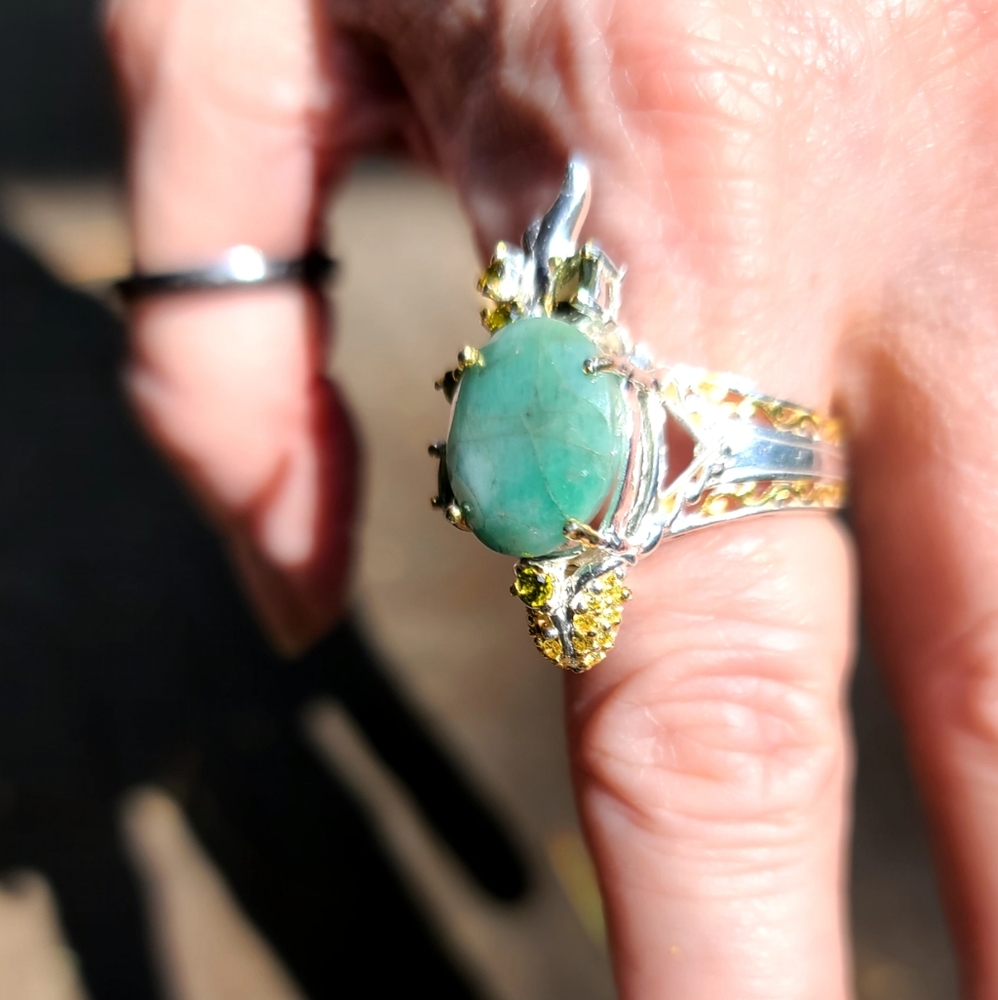 12k Emerald & Tourmaline Lizard 🦎 sterling &gold ring sz7.5 💍 - Picture 6 of 8